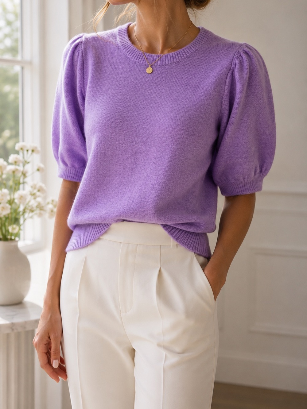 Zenana Lavender Puff Sleeve Knit Sweater Top Medium Soft Crew Neck Cozy